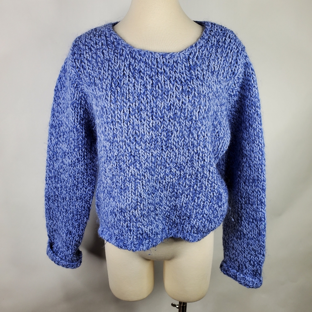 Vintage Kiko Mohair Cropped Cozy Soft Cable Knit Blue Womens M/L Medium Sweater